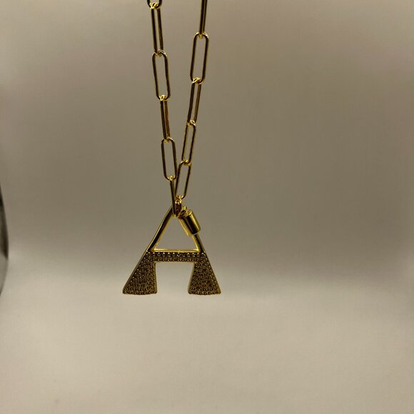Brass Letter "A" Pendant Cubic Zirconia adjustable 20 inch Paper Clip Chain NEW - Picture 6 of 12
